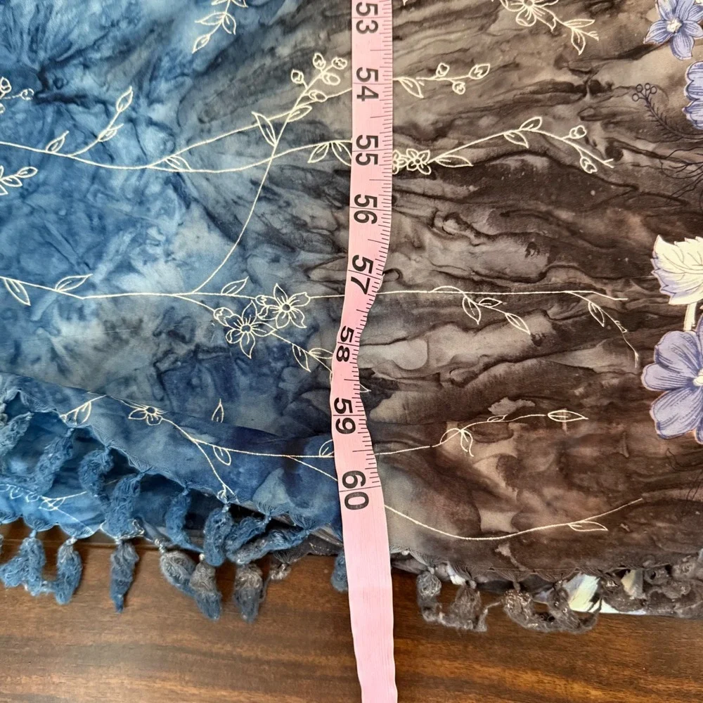 Batik Floral Silky Tassel Fringe Shawl Scarf Blue Brown Tie Dye 60 Inch